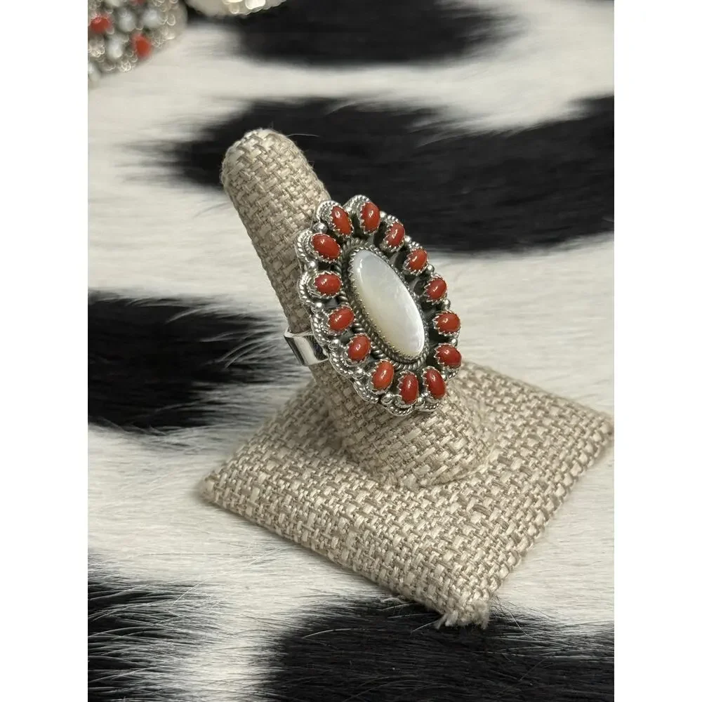 Native American Sterling Silver Mother Pearl Red Coral Multistone Cluster Ring